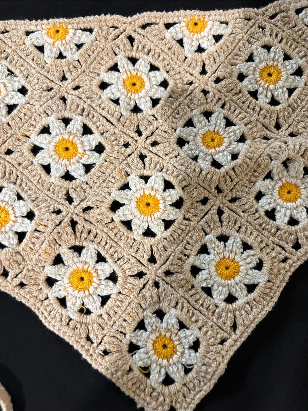 Handmade Crocheted Daisy Triangle bandana in Beige, White & Yellow
